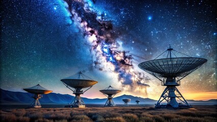 Wall Mural - Landscape with radio telescopes on ground and satellites in starry night sky, landscape, radio telescopes