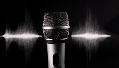 Microphone, signal, speak, recording, host, song, singer, singing, black background, close-up, illustration, design