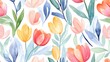 © NeuralNiche - Watercolor floral pattern tile featuring flowers tulips and leaves Traditional hand painted whimsical seamless print with an abstract batik design
