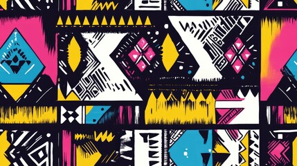 African inspired art illustration featuring a seamless Aztec pattern and geometric motifs Tribal vintage design with a vibrant color palette of yellow black white blue and pink