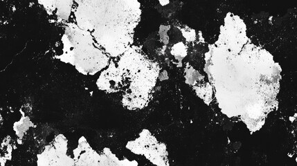 Grunge black and white abstract texture featuring monochrome particles cracks scuffs chips stains and ink spots on a dark background