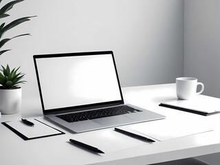 A modern workspace with a laptop, floral vase, and autumn-themed decor on a wooden desk