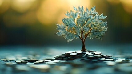 Layered Paper Cut Money Tree Growing from Coins with Currency Leaves