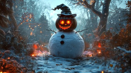 Wall Mural - A spooky snowman with a jack-o'-lantern head and a witch's hat stands in a snow-covered forest.