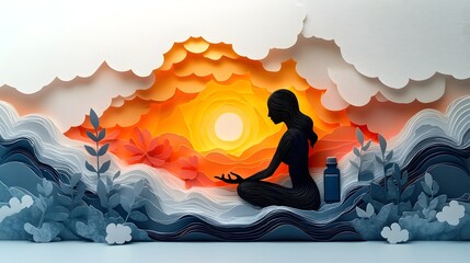 Layered Paper Cut Depiction of Yoga and Wellness with Calm Colors and Symbols