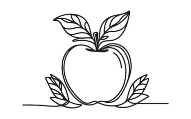 continuous one black line art hand drawing apple, illustration vector on white
