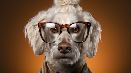 Dog, white poodle, dressed in an elegant suit with a nice tie, wearing sunglasses. 