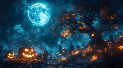 Moonlit Graveyard with Twisted Tree and Glowing Jack o  Lanterns on Graves