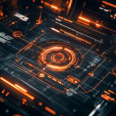 Canvas Print - Futuristic Interface with Glowing Orange HUD Elements.