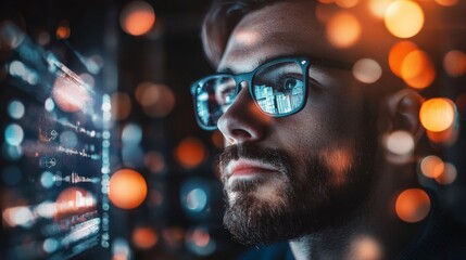 Close-up of a man with glasses focused on digital code reflection