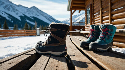 Wall Mural - Snow boots resting on a bench outside a ski lodge