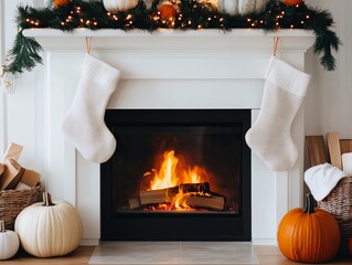 A crackling fireplace with stockings and pumpkins nearby, mid-shot, soft evening light, glowing orange flames, cozy and festive atmosphere