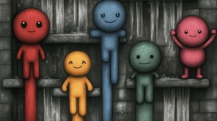 Colorful animated figures expressing joy and playfulness against a textured, dark backdrop.