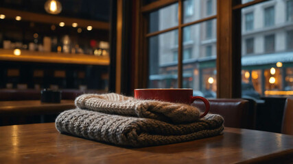 Wall Mural - Sweater folded on a table next to a cup of hot cocoa in a cozy café