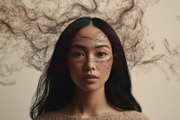 Young woman with hair transforming into tree branches symbolizing intellectual growth creativity and the organic expansion of thought in a surreal conceptual visual