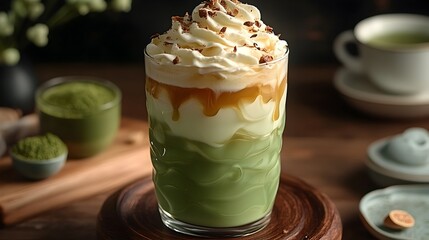 Icy Thai Green Tea Latte with Whipped Cream and Matcha Syrup in a Transparent Glass