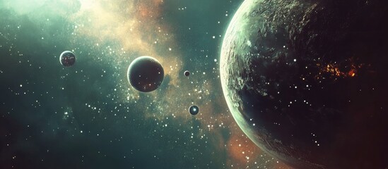 Wall Mural - planetary system illustration created with mixed media techniques