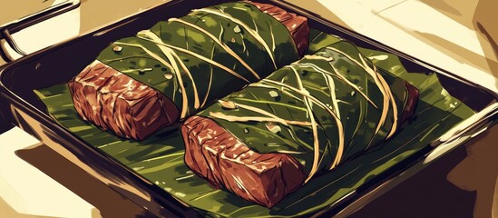 Grilled beef wrapped in leaves prepared and ready for cooking