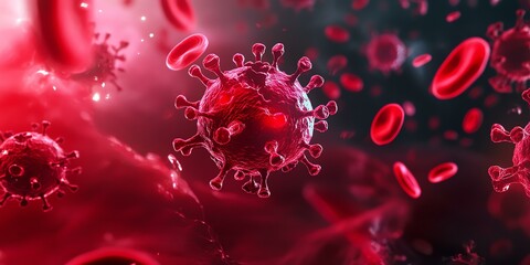 Close-up of a virus in the bloodstream, showcasing detailed structure and red blood cells. Ideal for health and science themes.