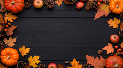 A rustic wooden background with an autumn theme and many colorful leaves, pumpkins, apples, pinecones, and fall foliage on a black wood table top, in a flat lay composition.