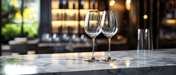 Two Empty Wine Glasses on Marble Countertop.