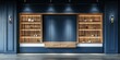 © aminsmart - navy blue and white modern wooden wall retail display shelf with drawer, wooden panels wall and modern carving motif
