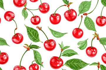 Seamless pattern of cherry fruit with green leaves on white background.