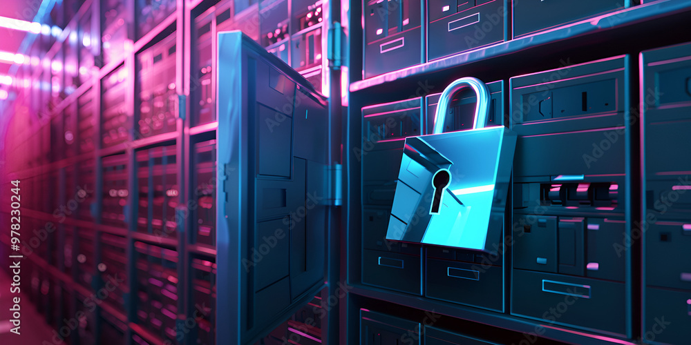 Data security concept with open padlock in a server room, High-tech ...