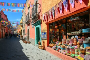 Colorful street festival with vibrant decorations, traditional crafts, and a festive atmosphere