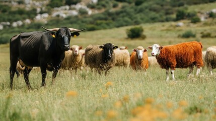 Wall Mural - Black Cow and Sheep in a Green Meadow