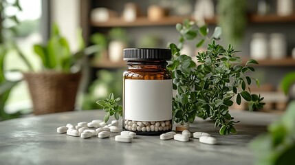 A close-up of a prescription pill bottle with a blank label, scattered pills around it, and a green plant in the background, symbolizing health and wellness