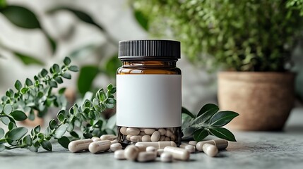 A pill bottle with a blank label, scattered pills, and a green plant behind, representing the blend of modern medicine and natural remedies