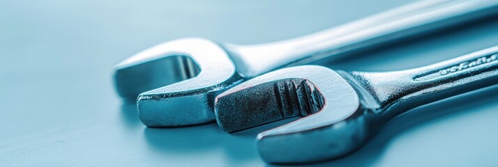 Sticker - Two metallic wrenches on a blue surface, used for tightening and loosening bolts.