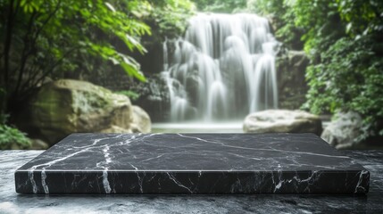 Wall Mural - A sleek black marble surface in front of a serene waterfall and lush greenery.