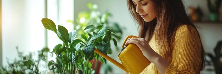 A woman waters indoor plants with a yellow watering can in a bright, green environment.