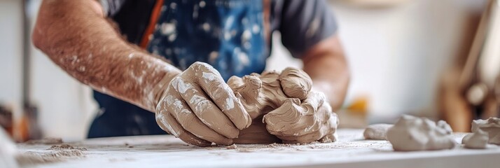 Canvas Print - A person kneads clay on a work surface, showcasing pottery skills and creativity.