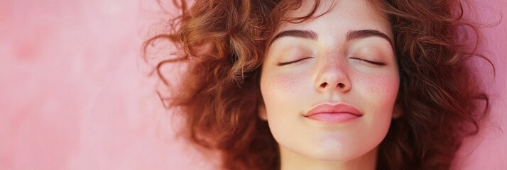 Wall Mural - A serene woman with curly hair relaxing against a pink background.