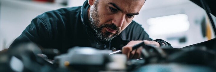 Canvas Print - A mechanic focused on repairing a vehicle, showcasing skill and concentration.