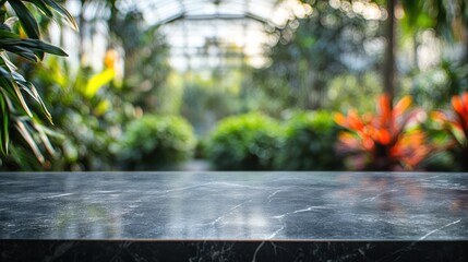 Canvas Print - A blurred greenhouse background with a dark marble countertop in the foreground.