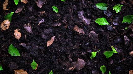 A close up of dirt with leaves scattered on top. The leaves are green and brown