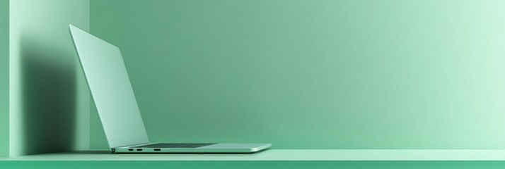 Sticker - A minimalist workspace featuring a laptop against a soft green backdrop.