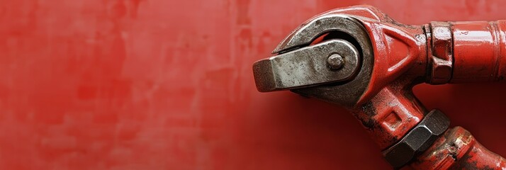 A close-up of a metallic pipe fitting against a textured red background.