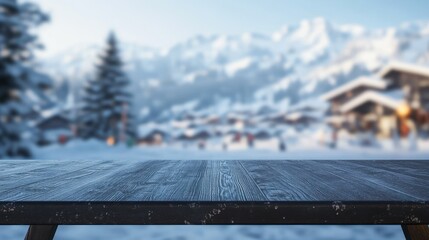 Poster - A snowy landscape with a wooden table in the foreground, inviting for outdoor gatherings.