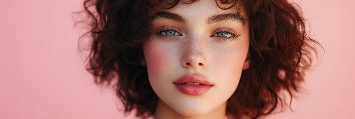 Wall Mural - A close-up portrait of a young woman with curly hair, vibrant eyes, and soft makeup against a pink background.