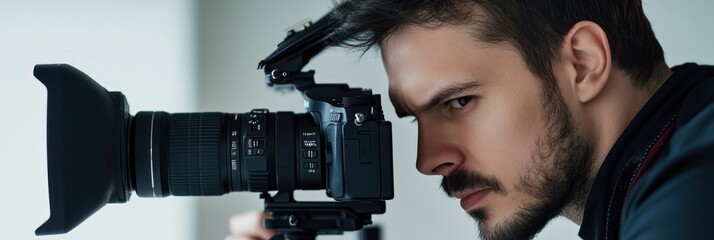 A focused photographer capturing an image with a professional camera.