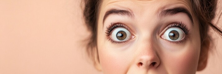 Canvas Print - Close-up of a surprised young woman's face with wide eyes against a soft background.