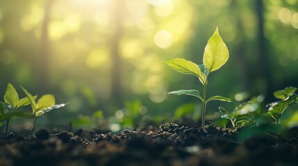 Small plant growing in sunlight in a green environment