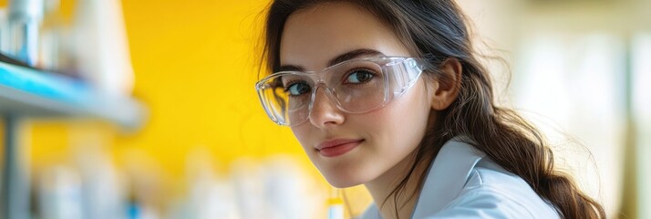 Sticker - A young woman in a lab coat and safety glasses working in a laboratory setting.