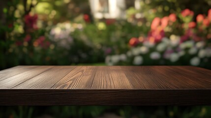 Poster - A wooden table in a vibrant garden setting, suggesting a peaceful outdoor gathering.