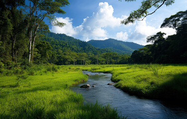 A lush green field with a river running through it. The sky is clear and blue, and the mountains in the background add to the serene atmosphere